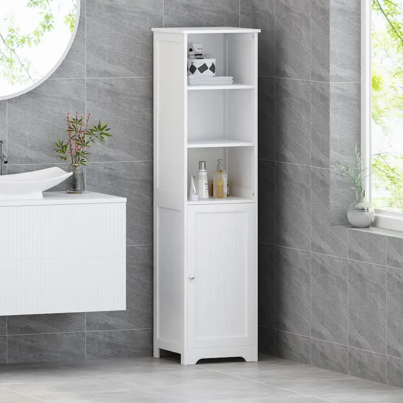63-Inch White Freestanding Bathroom Linen Cabinet with Adjustable Shelves and Single Door
