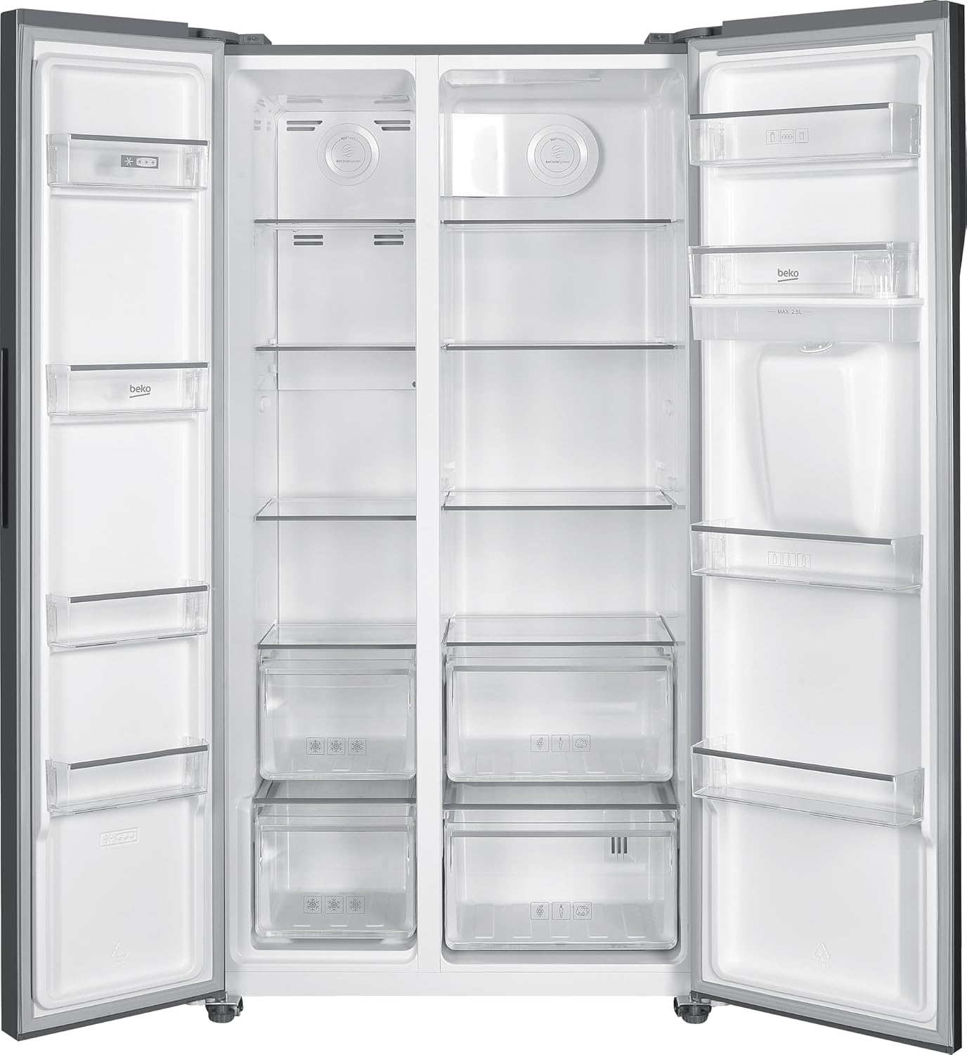 Beko GNO5322WDXPN Side-by-Side, Kühlschrank, Gefrierschrank, 532 l Gesamtvolumen, 347 Liter Kühlbereich, 185 Liter Gefrierbereich, Multifunktionsdisplay, NoFrost, Wasserspender, Edelstahl