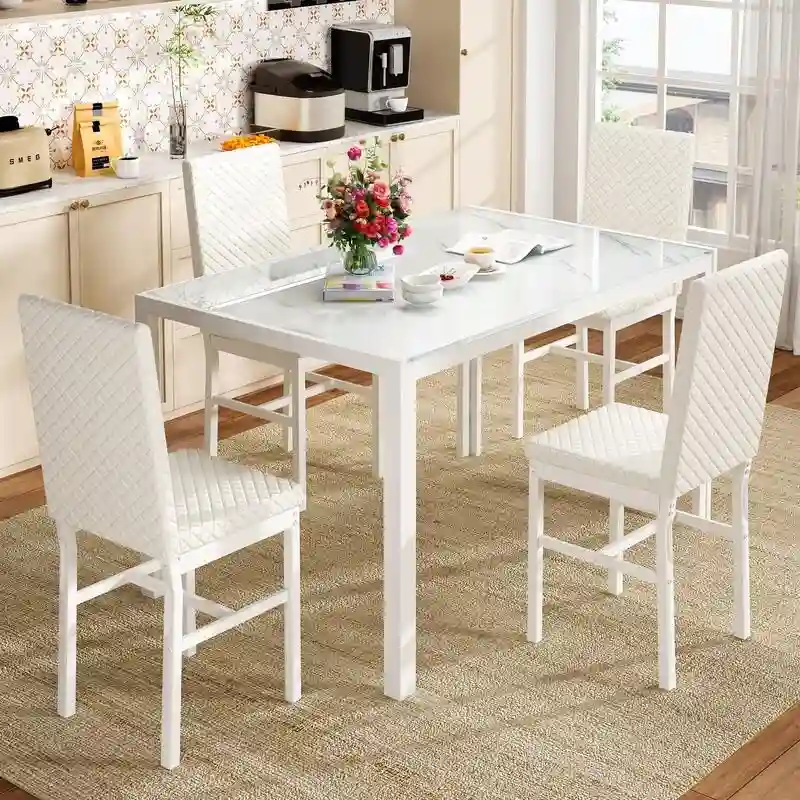 Grondin Contemporary 5-Piece Dining Set with Tempered Glass Table and 4 Diamond-Stitched PU Leather Chairs