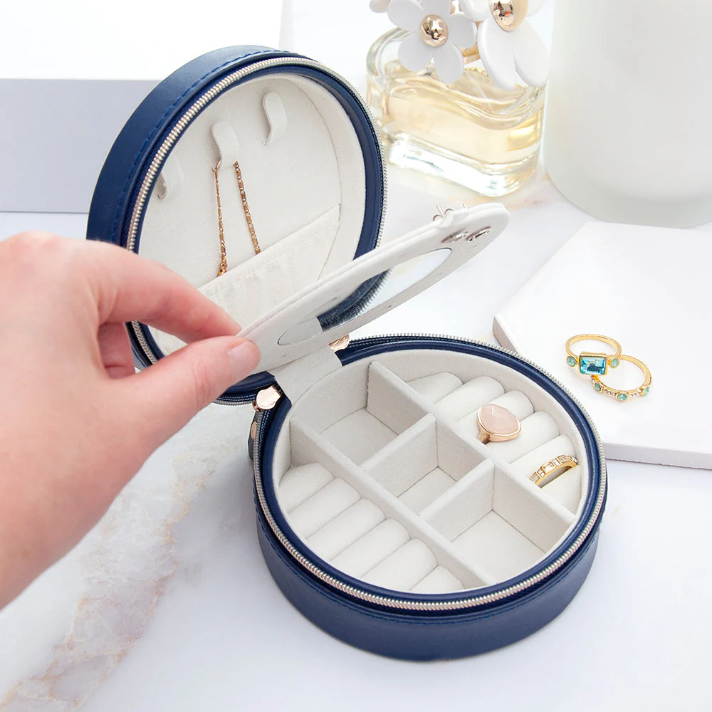 Personalised Navy Blue Round Travel Jewellery Case