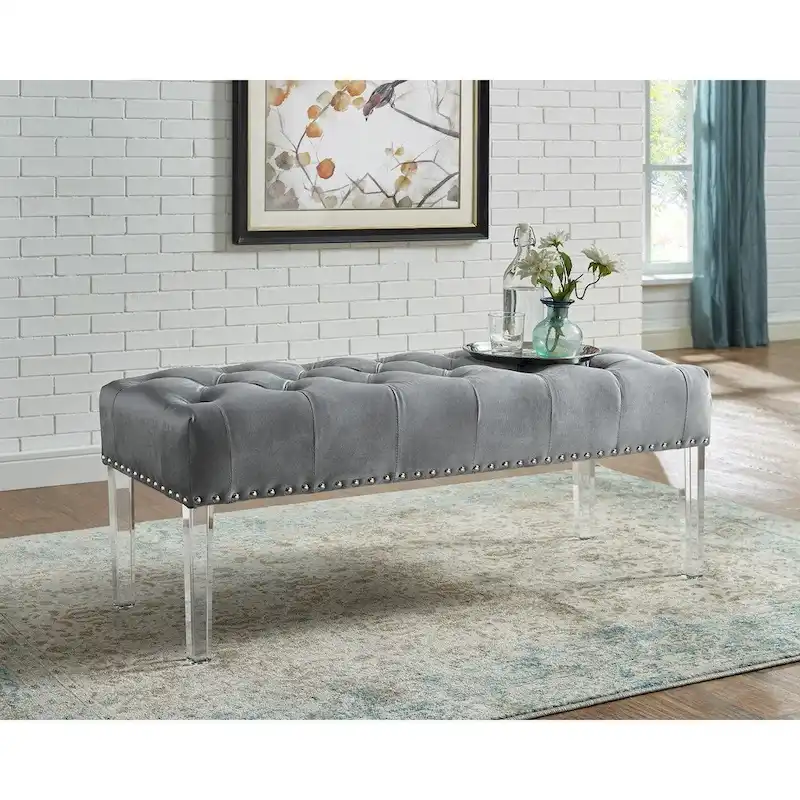 Tufted Upholstered Bench with Acrylic Legs and Nailhead Trim