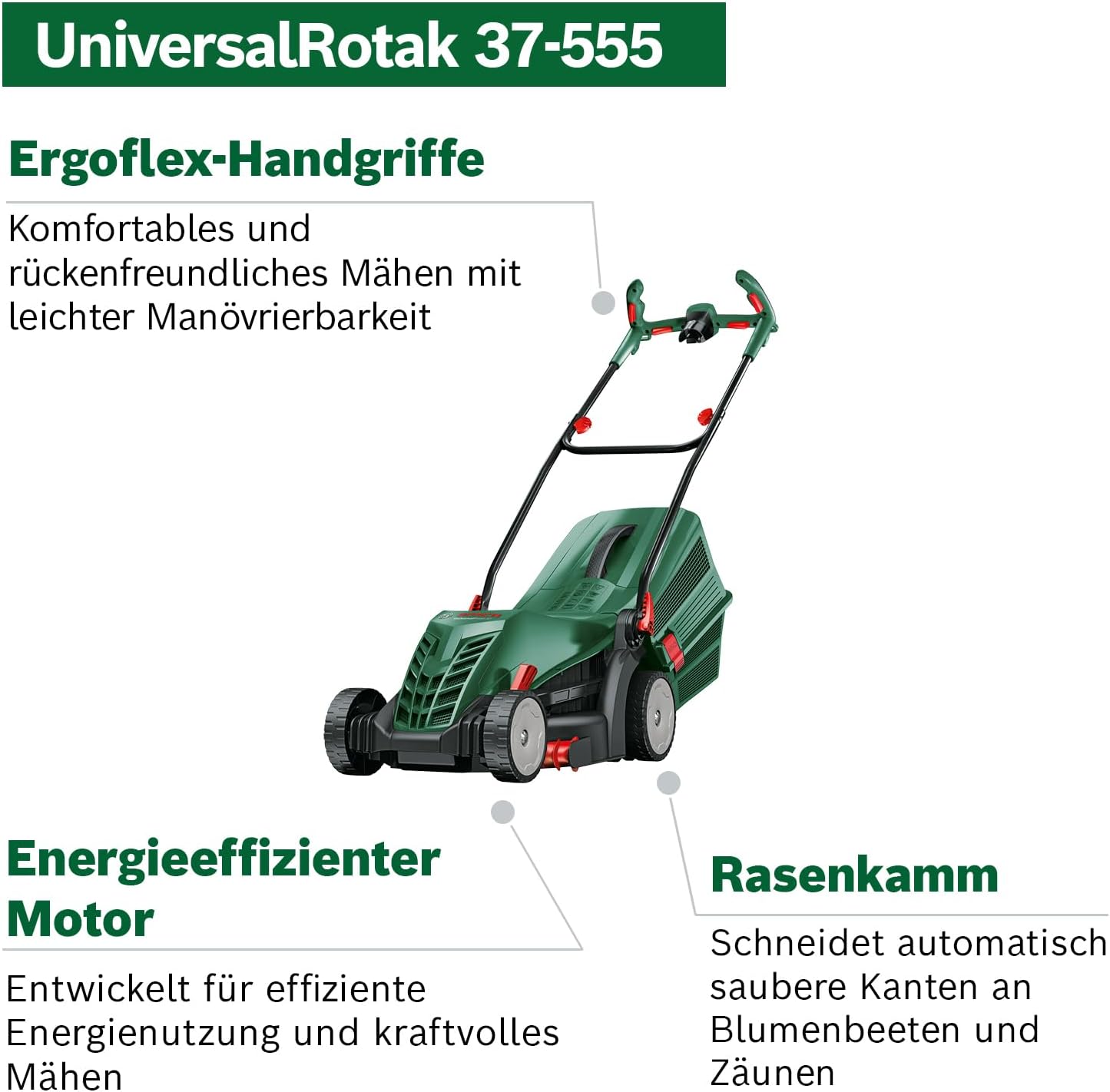 Bosch kabelgebundener Rasenmäher UniversalRotak 37-555 (1400-W-Motor, Schnittbreite: 37 cm, 40-Liter-Grasfangkorb, Ergoflex-Handgriffe)
