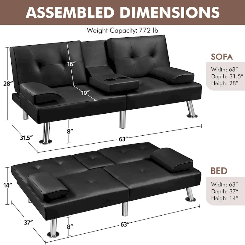 Yaheetech Faux Leather Convertible Futon Sofa Bed 3-In-1 Adjustable Futon Couch