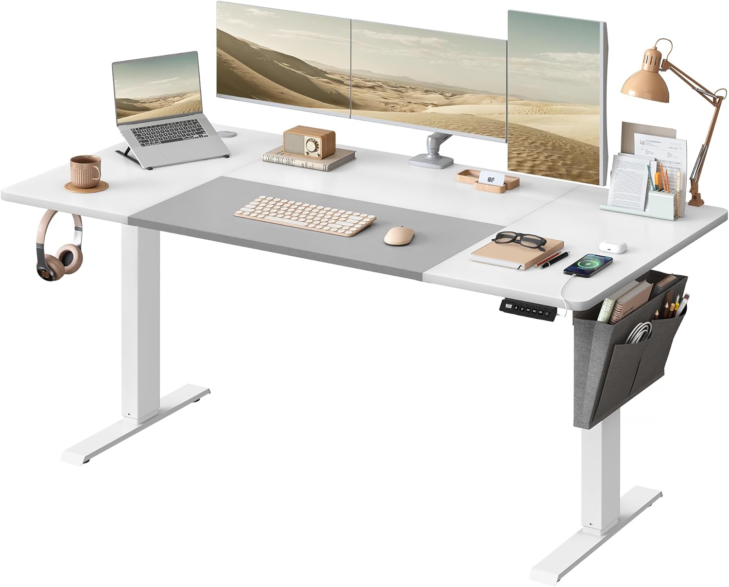 SONGMICS Elektriskt ståbord med sits, höjdjusterbart skrivbord, 140 x 60 x (72-120) cm, 4 förvaringshöjder, förvaringsväska för kontor, bläcksvart LSD134B01