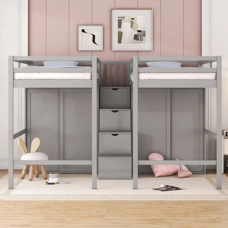 Double Twin Loft Beds with Wardrobes and Staircase