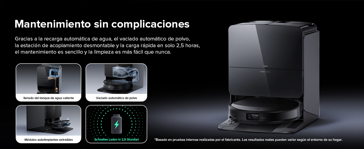 Dispositivo electrónico negro en el que se muestran las funciones de mantenimiento, que incluyen limpieza automática, secado automático y fácil reemplazo del filtro
