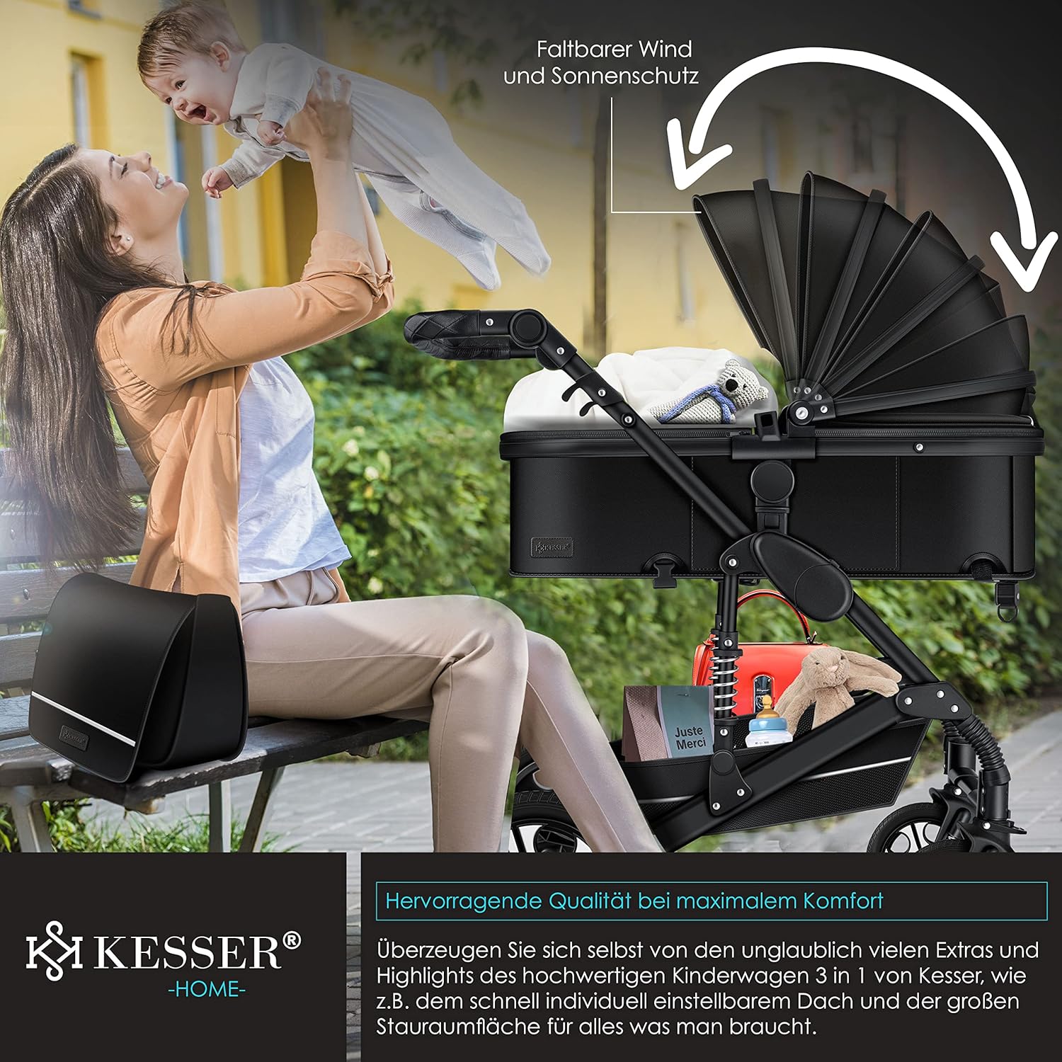 KESSER® Loops 3 in 1 Kinderwagen Kombikinderwagen Komplett-Set inkl. Babywanne & Buggy Sportsitz & Auto-Babyschale Voll-Gummireifen Wickeltasche Regenschutz Kindertisch ECE R129, Grau/Silber