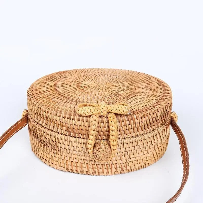 RattanpackTM Boho Round Woven Straw Bag – Handcrafted Rattan Crossbody Purse with Leather Strap