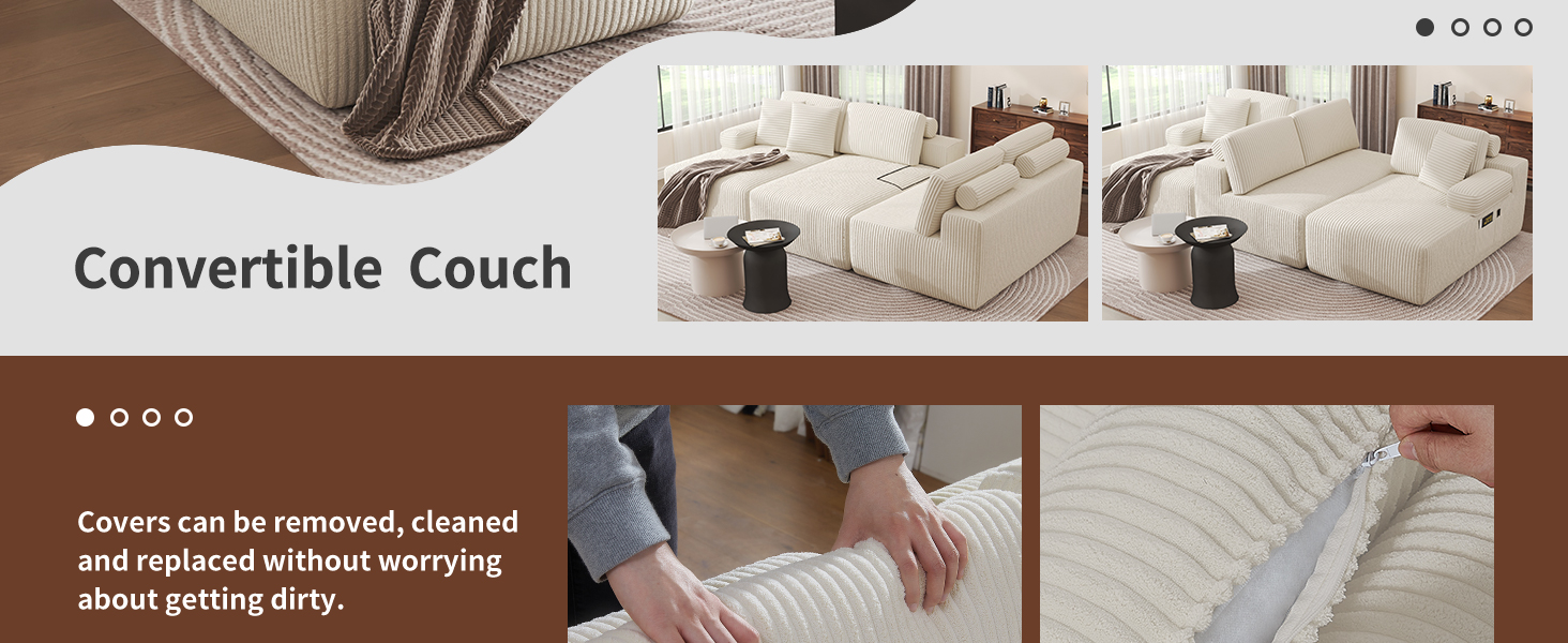 Der Text lautet &bdquo;Convertible Couch&ldquo;. Das dreiteilige Bild zeigt ein beigefarbenes Sofa. das sich von einer Couch in eine Bettkonfiguration verwandelt.