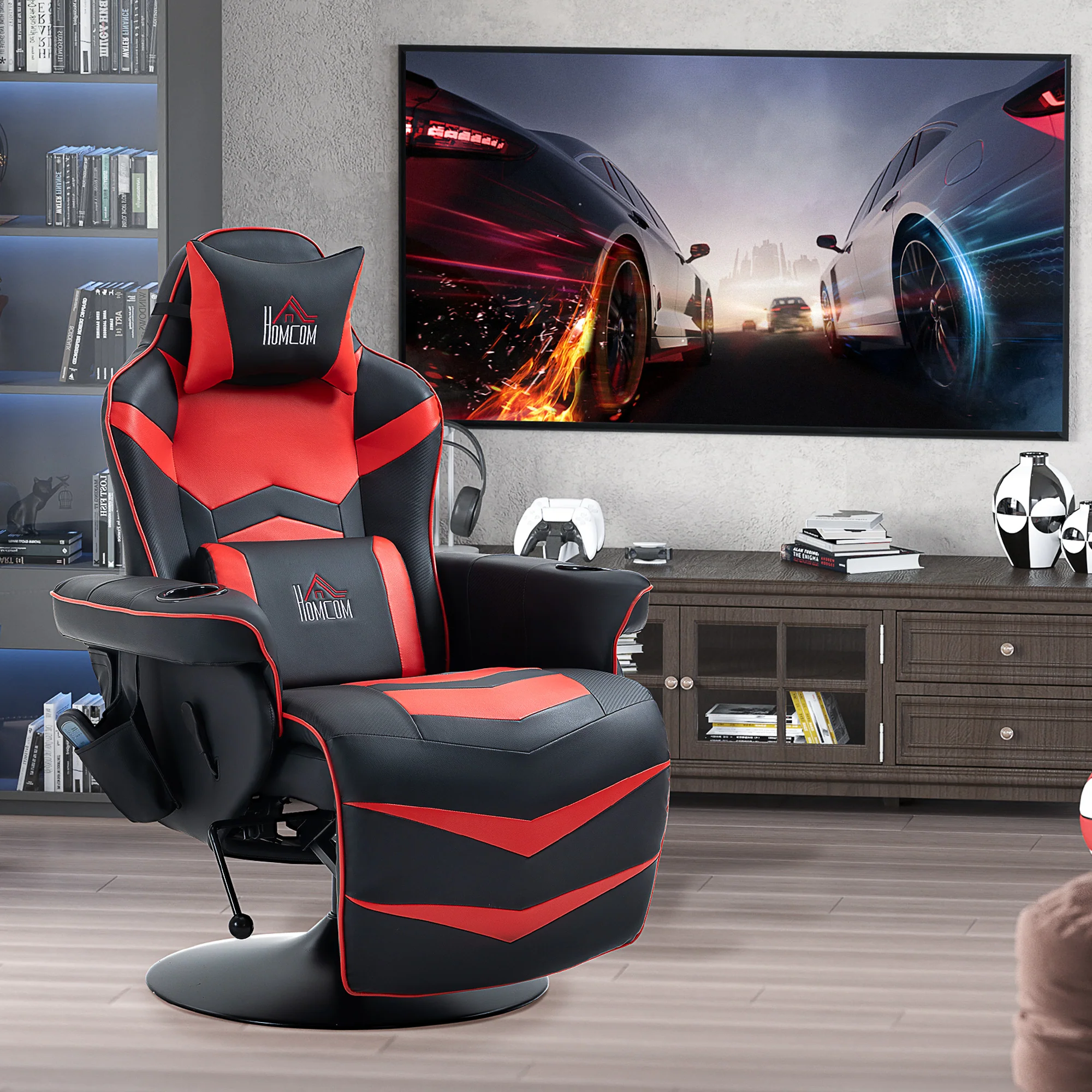 HOMCOM Gaming-stoel met massagefunctie, inclusief voetensteun, ligfunctie, rood + zwart.