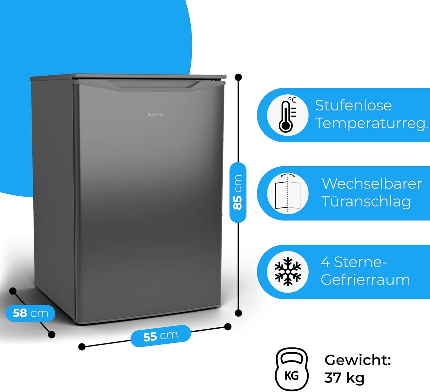 Bomann Gefrierschrank 87L | Gefrierschrank klein mit Temperaturbereich ≤ -18°C | 3 Schubladen | Tiefkühlschrank mit wechselbarem Türanschlag | Freezer Tiefkühlschrank klein GS 7253 weiß