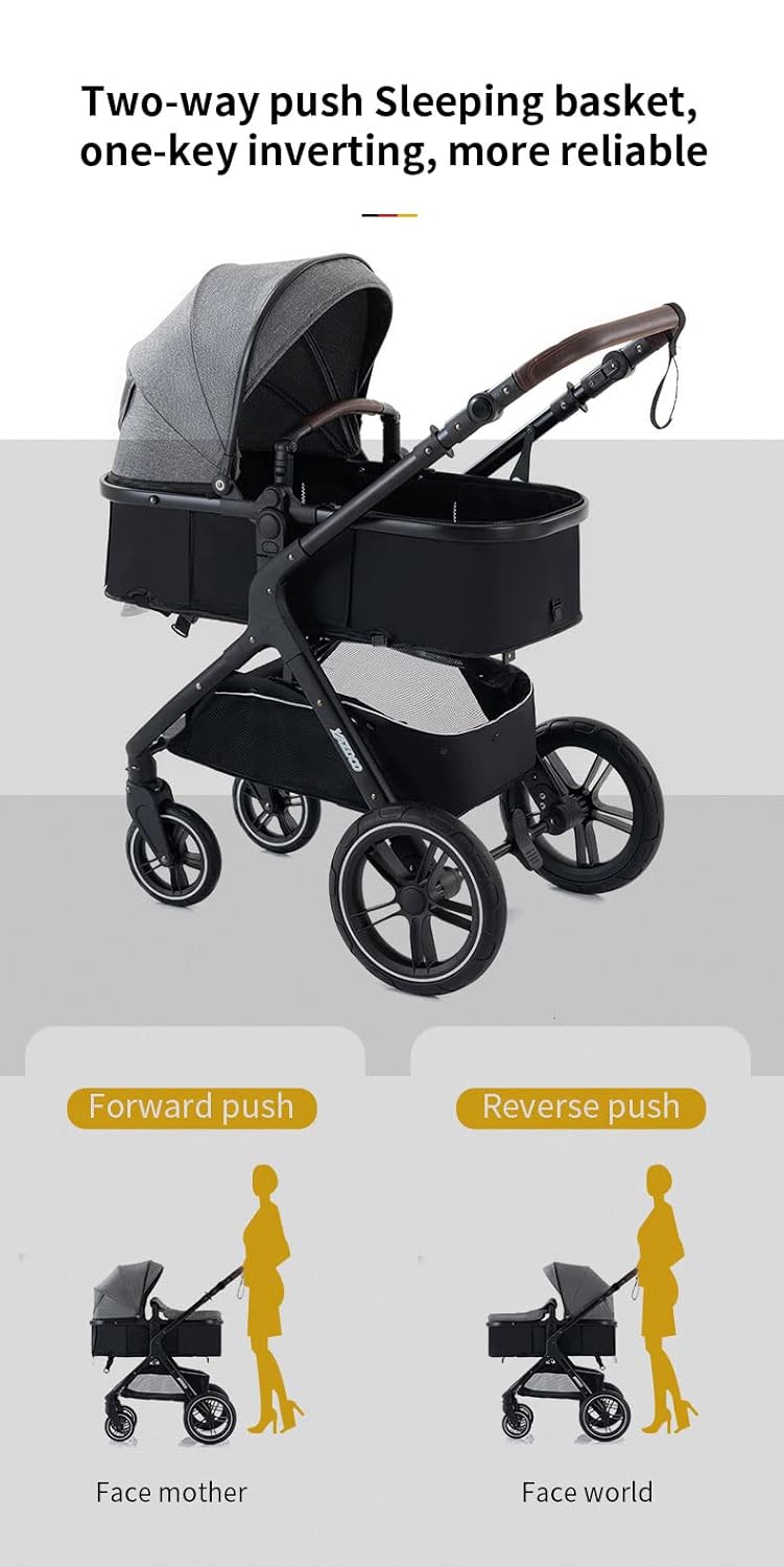 YAZOCO kinderwagen 3 in 1 Buggy Babybett Komplett Set Einem Klick Zusammenklappbarer Kinderwagen, KombiKinderwagen Aluminiumrahmen für Neugeborene (Schwarz)