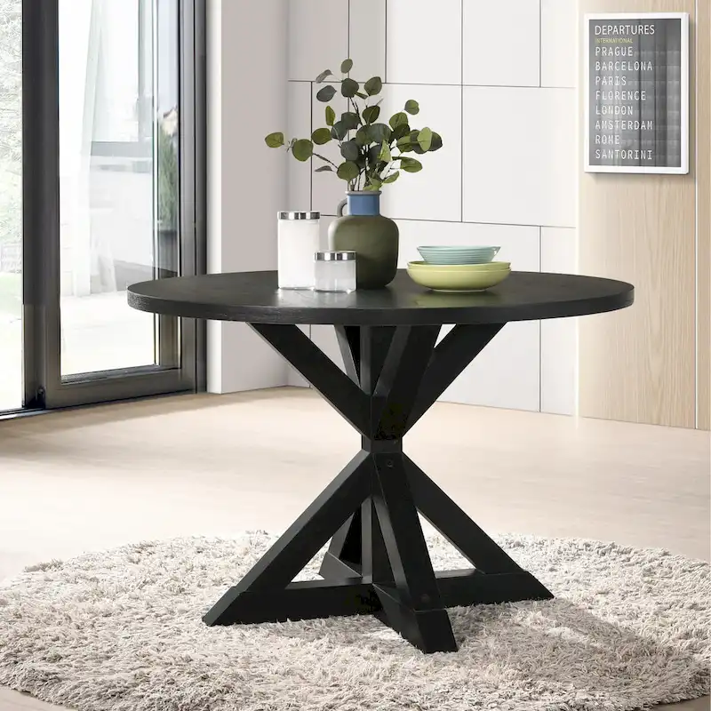 5 Piece Dining Table Set, Wooden Kitchen Furniture Set, Round Table with Cross-Buck Pedestal Base and 4 Tufted Chairs