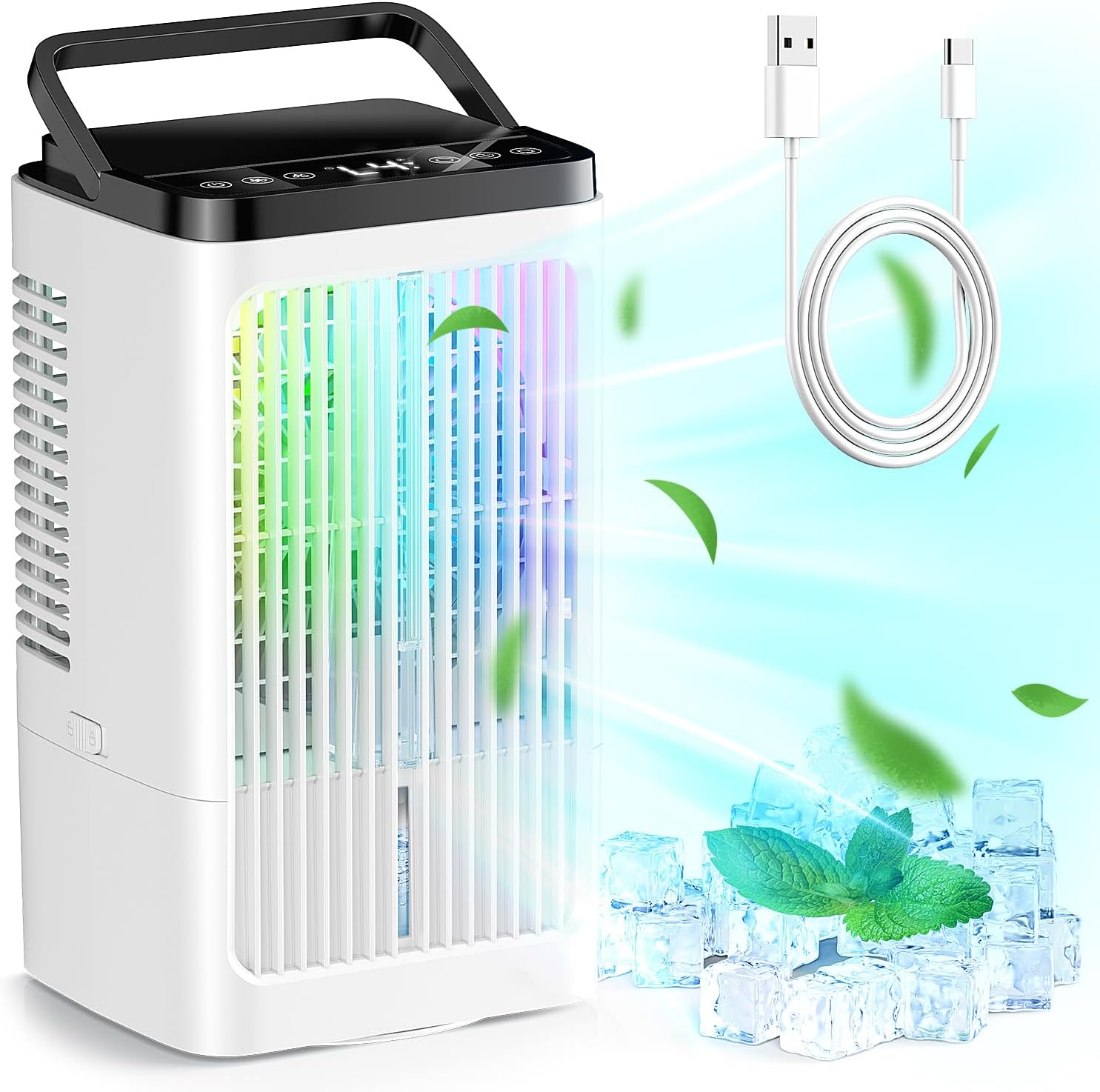 Mobile Klimaanlage, Mini Klimaanlage con Tanque de 900ml, 4-In-1 Luftkühler mit Wasserkühlung, 3 Gebläsestufen, 90° Oszillation, LED-Display, Leise Klimaanlage mit Luftbefeuchter (Reinweiß)