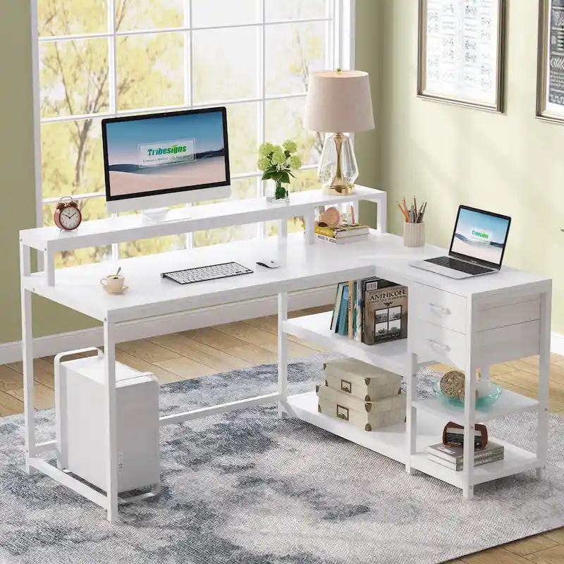 Contemporary L-Shaped Computer Desk with Drawer and Storage Shelf