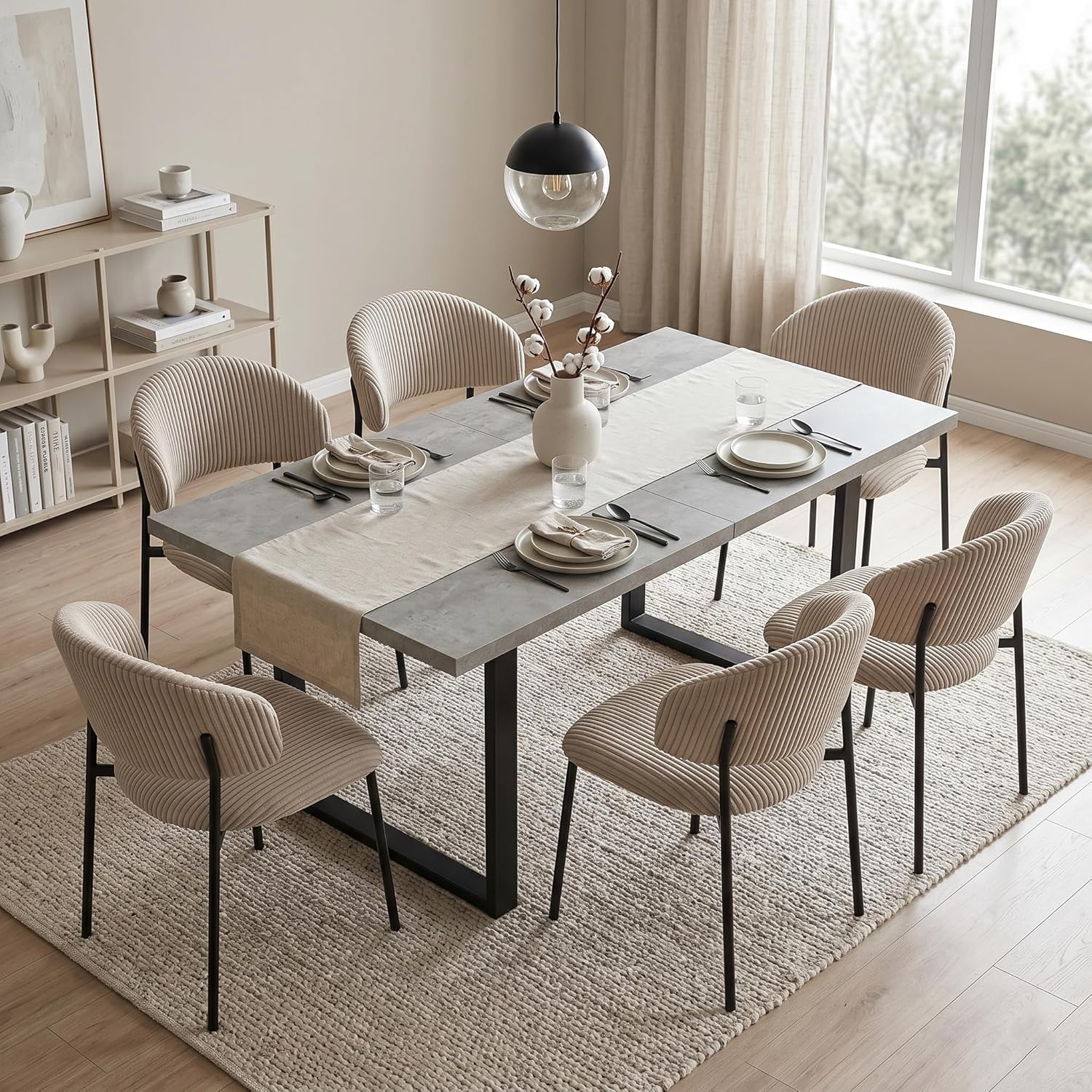 Juego de 6 mesas de Comedor Extensibles, 130 x 170 cm, 6 sillas Textiles, Tablero Rectangular de Madera DM de Cemento, Estilo Moderno y contemporáneo para Comedor y Cocina