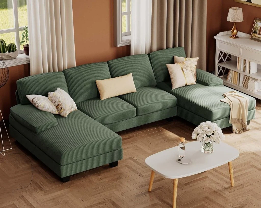 Furmax Sectional Couches for Living Room, U-Shaped Sofa Couch with Linen Fabric, 4 Seat Sofa Set with Double Chaise for Apartment (Fabric, Grey)