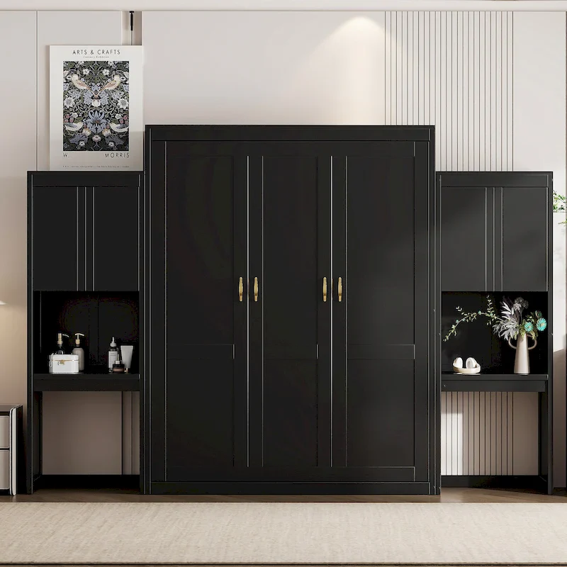 All-in-one Murphy Bed with Desk, Vanity and Wardrobe Queen Folding Bed
