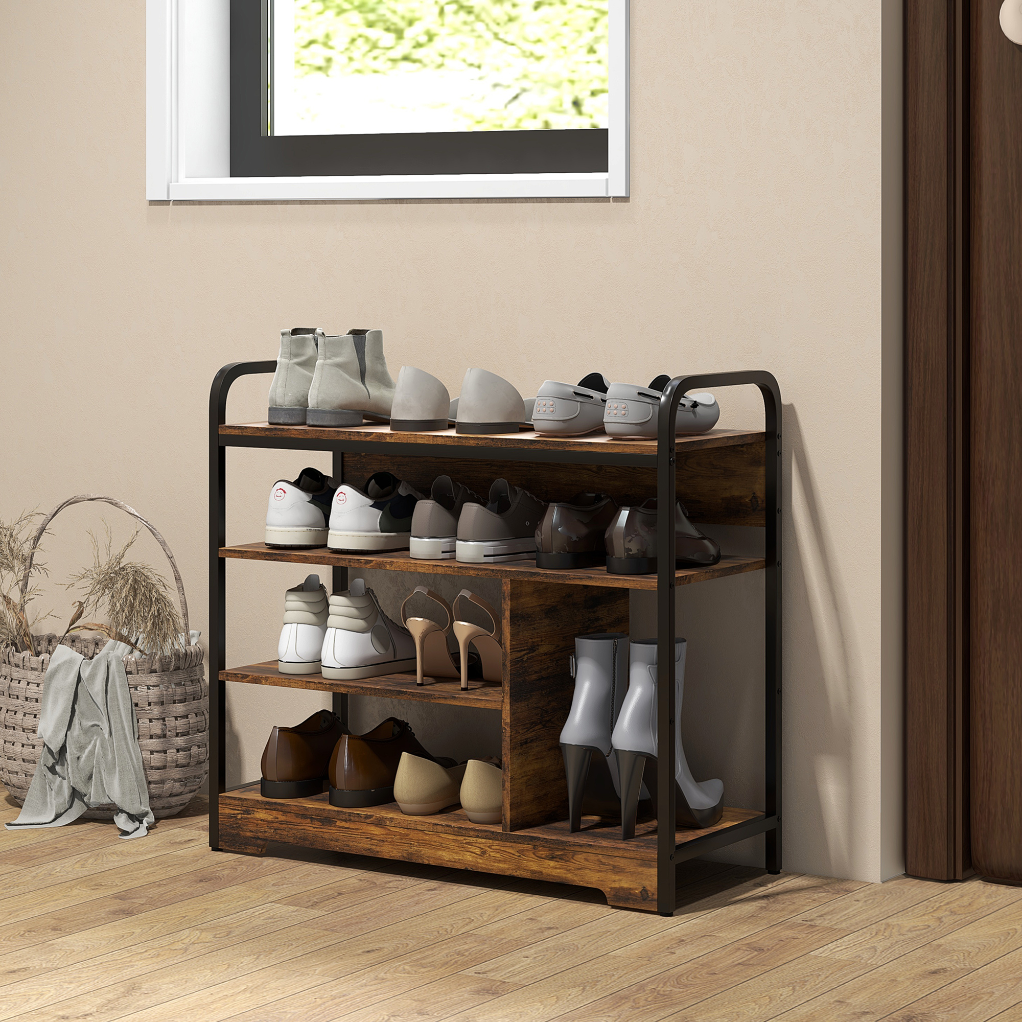 Schoenenrek 4-Laags, Open Ontwerp, Metalen Frame, Verstelbare Voetjes, 70x30x65 cm, Bruin/Zwart