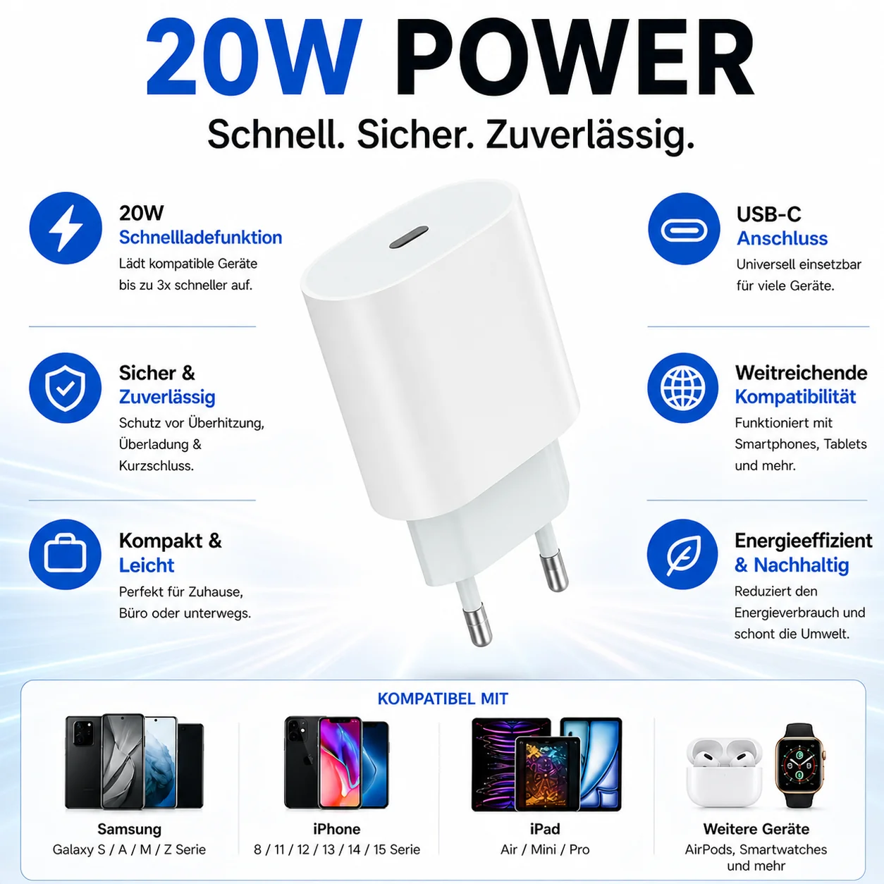 Schnellladegerät USB C Netzteil mit Kabel 20 Watt Universal