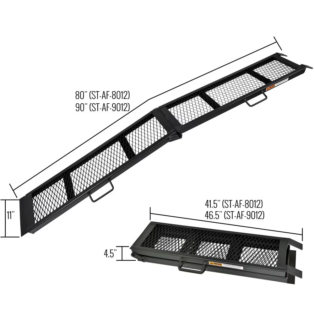 Black Steel Dual Runner Folding ATV Ramps, 90in, 1,500 lbs Capacity, Heavy-Duty with Mesh Surface, Includes Safety Straps