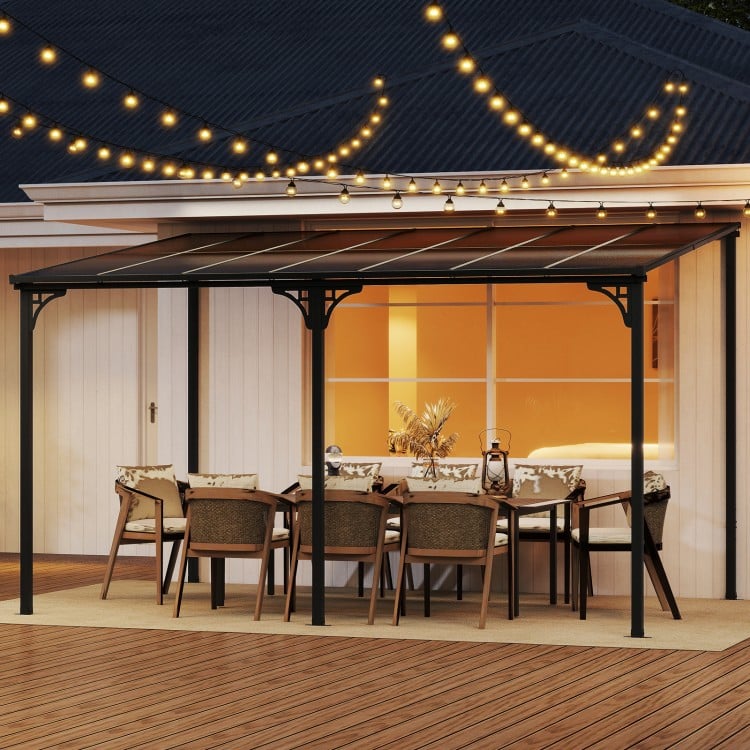 Wall-Mounted Patio Gazebo Large Outdoor Hardtop Pergola with Sloped Polycarbonate Roof