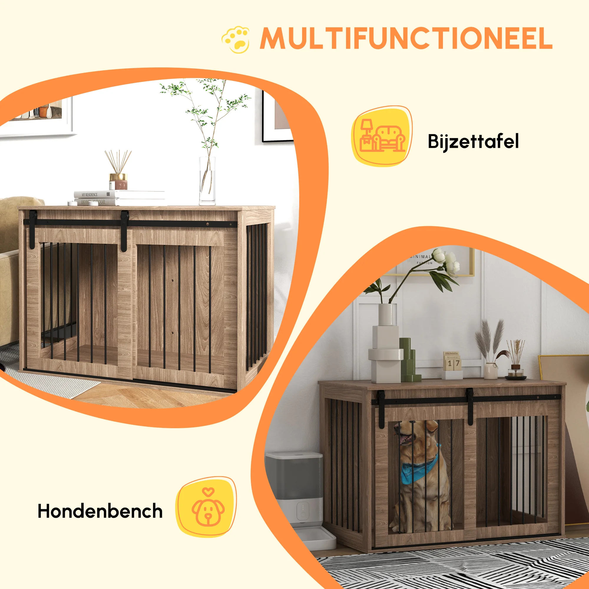 PawHut Hondenbench Hondenkooi, Afsluitbaar, Houtlook, Rustiek Ontwerp, 98 cm x 58 cm x 67 cm, Walnoot + Zwart