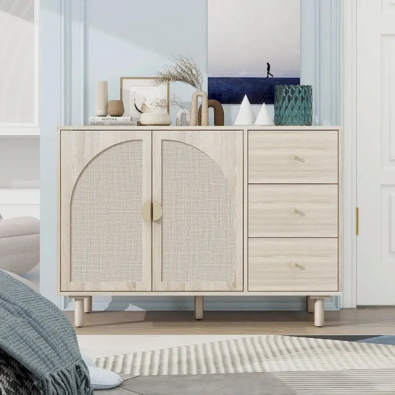 Rattan Storage Cabinet with 2 Doors, Adjustable Shelves, and 3 Drawers