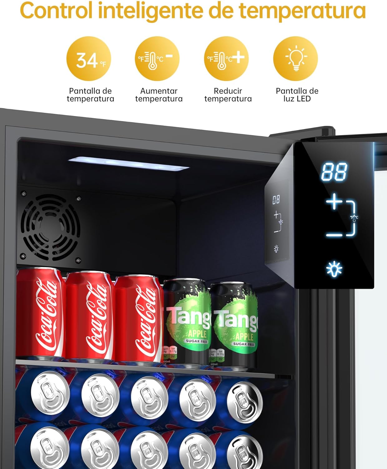 WIE Nevera Pequeña, Refrigerador de Bebidas con Puerta de Vidrio, 3 Estantes Ajustables, Control Inteligente, Puerta Reversible, Frigorificos Pequeños para Inicio/Bar/Oficina/Hotel (Negro 86L)
