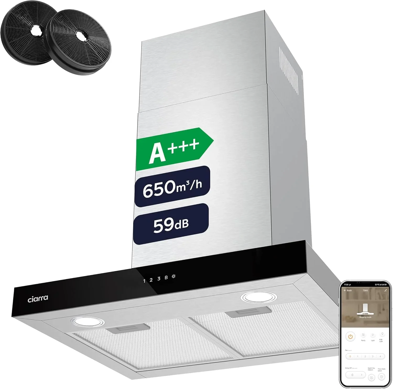 2026 Ciarra CBCS6102 Campanas Extractora 60cm 650 m³/h - Control Táctil y Wifi - 4 Velocidades - Evacuación al Exterior y Recirculación Interna por Filtro de Carbón CBCF003 - Acero Inoxidable