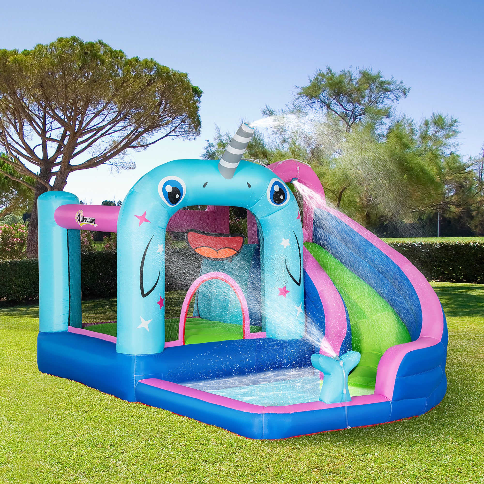Outsunny opblaasbaar springkasteel met glijbaan, springkussen, waterbassin, waterstralen, 330 x 280 x 200 cm
