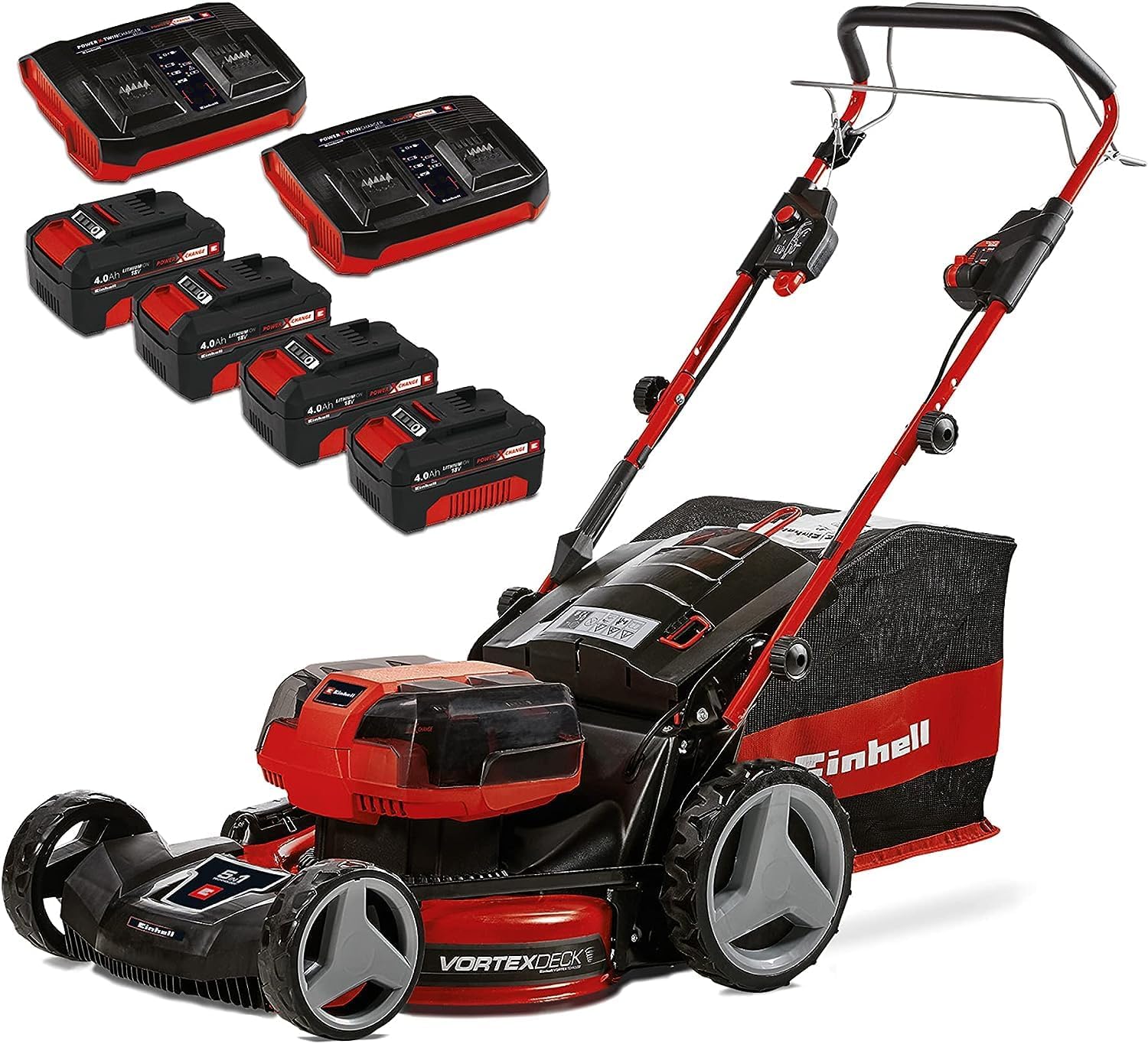 Tagliaerba a batteria Einhell GE-CM 36/47 S HW Li Kit Power X-Change (36 V, larghezza di taglio 47 cm, fino a 700 m, senza spazzole, trazione, cesto di raccolta da 75 L, incl. 4 batterie da 4,0 Ah + 2 caricabatterie doppi)