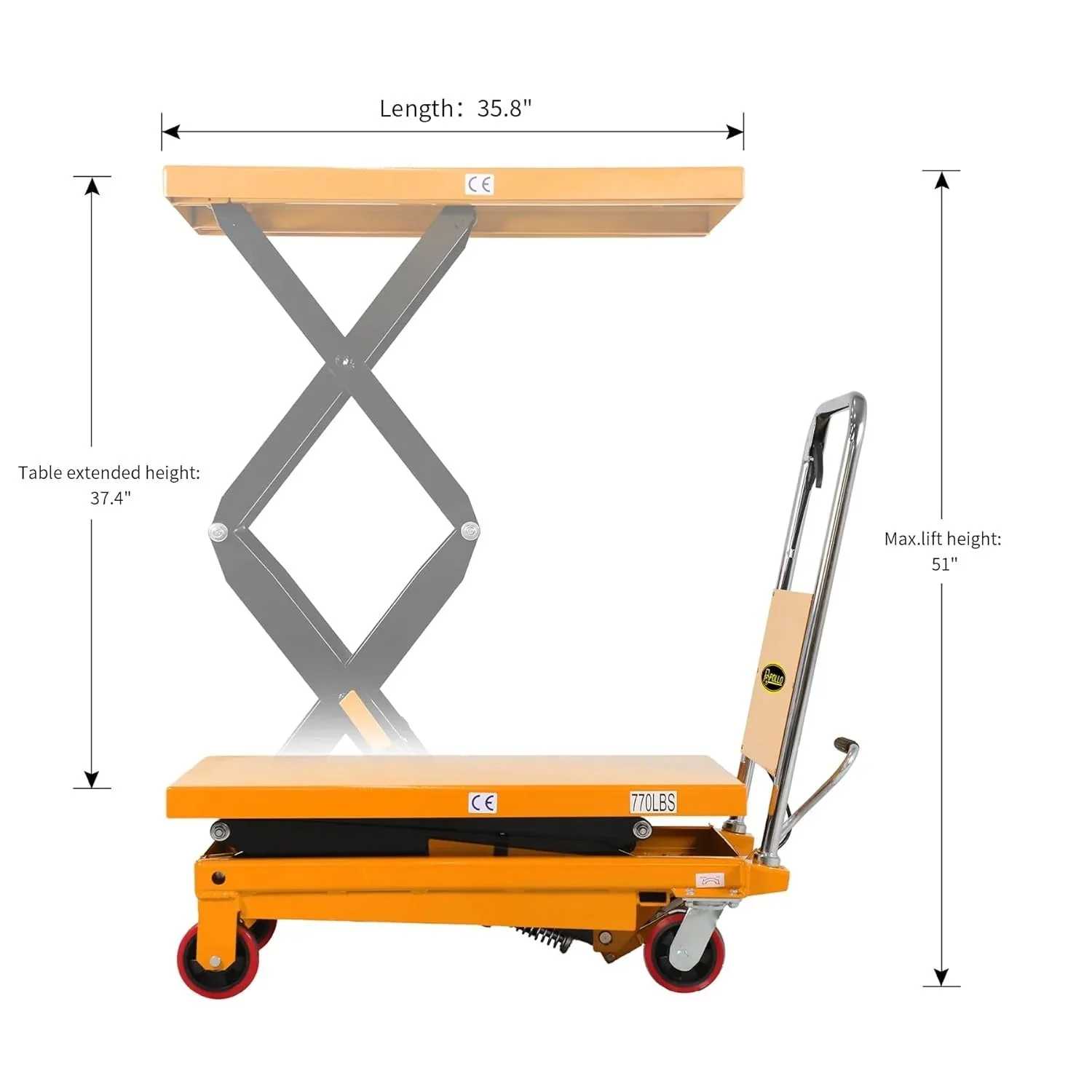 Hydraulic lifting table trolley – load capacity 350 kg, maximum height 130 cm, double scissor lift table with safety device and 4 wheels