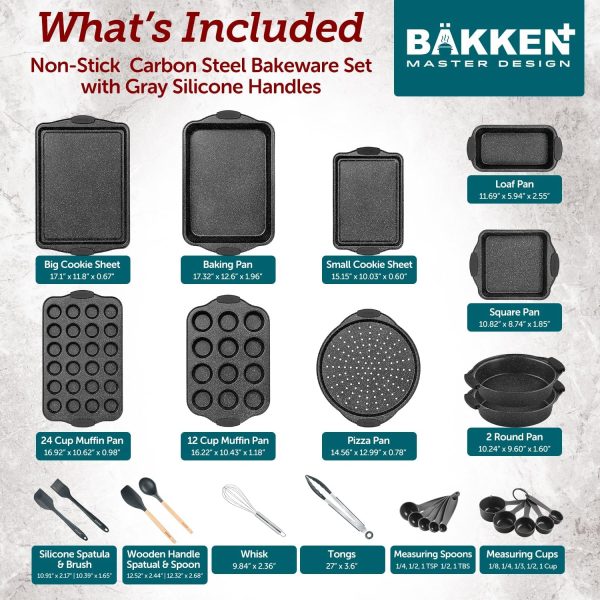 18-Piece Kitchen Oven Baking Set: Nonstick Gray Marble Coating, Carbon Steel Bakeware, Silicone Handles, Dishwasher Safe, Professional Quality, PFOA-Free