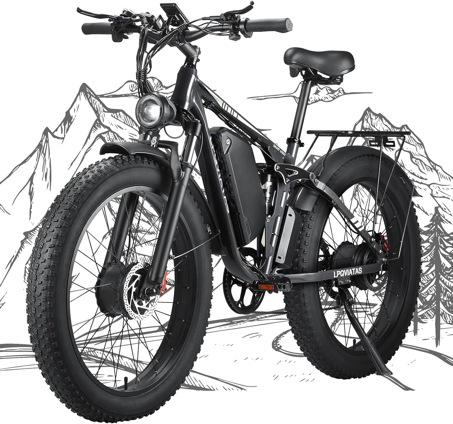 Peak 3000W Fat Tire Dual Motor Ebike 52V 23Ah Battery,26 x 4 Electric Mountain Bicycle for Adults Men 38MPH Full Lockbale Suspension Ebike 90 Miles Range 7 Speed Hydraulic Disc Brake（US Warehouse)
