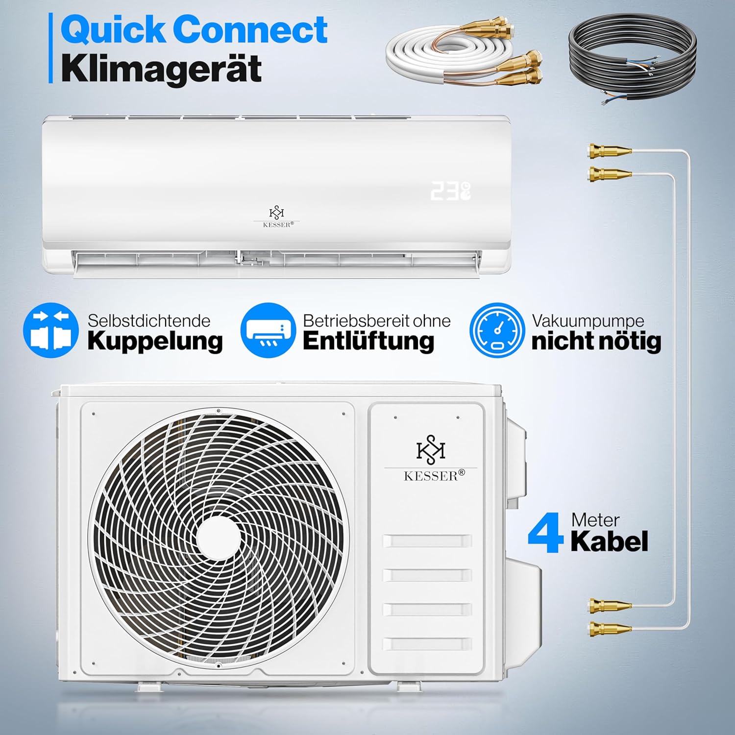 KESSER® Split Klimaanlage Set Quick Connect 9000 BTU 2,6 kW – WiFi & App Klimagerät mit Heizfunktion & Kühlmodus Wandklimaanlage, mit Kupferleitung Kältemittel R32 Inkl. Montagematerial