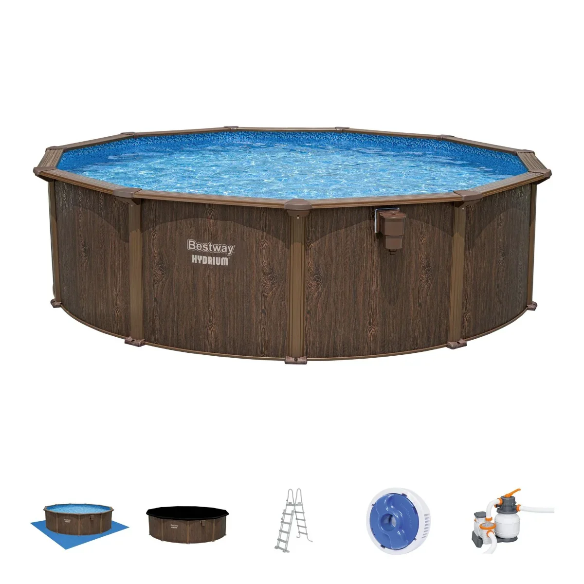 2025 Piscina Elevada Redonda 16ft x 52in con Estampado de Madera, Estructura de Acero Hydrium