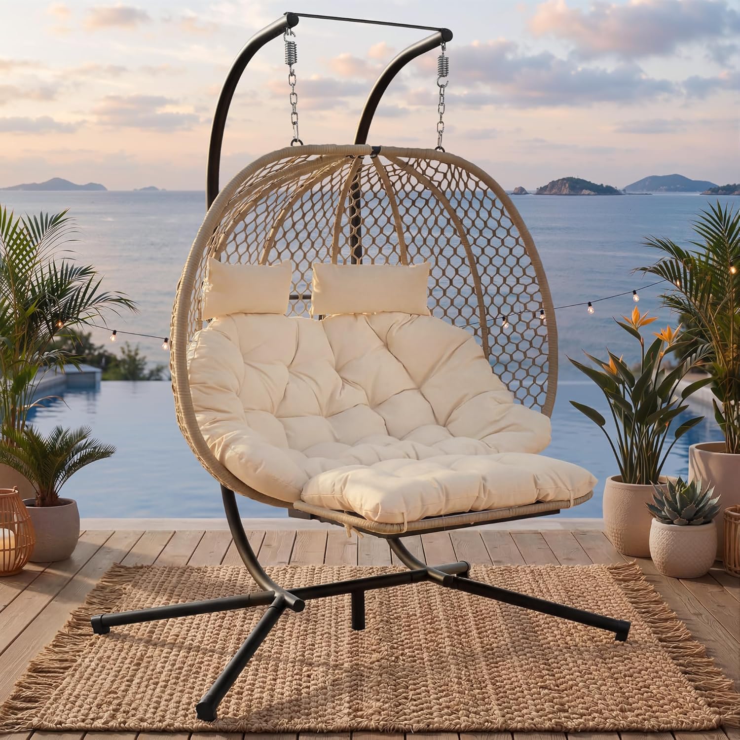 Doppelschaukelstuhl Ei-Form | Hängesessel mit Ständer, Fußauflage & Kissen | Gartenhängstuhl für Indoor & Outdoor | Belastbar bis 150kg (Beige)