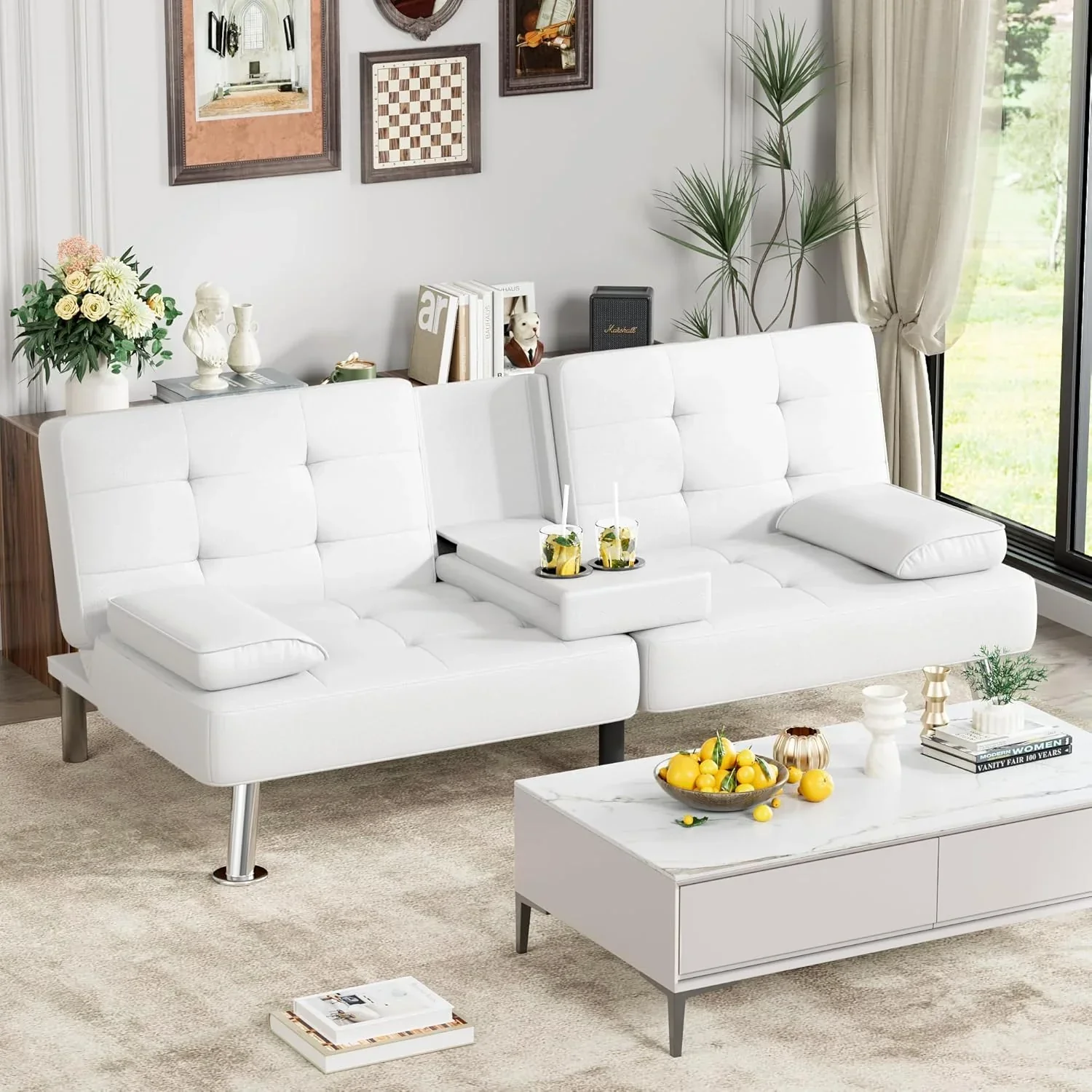 Homall Futon Sofa Bed Leather Futon Couch with Armrests Adjustable Recliner Sleeper Sofa Bed