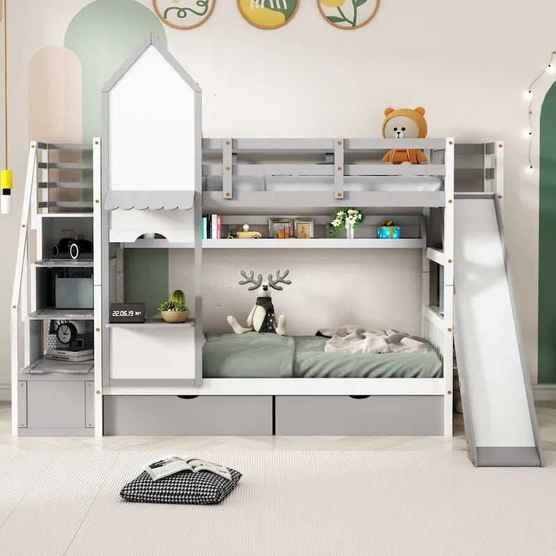 Twin-Over-Twin Castle Style Bunk Bed with Drawers,Shelves,Slide