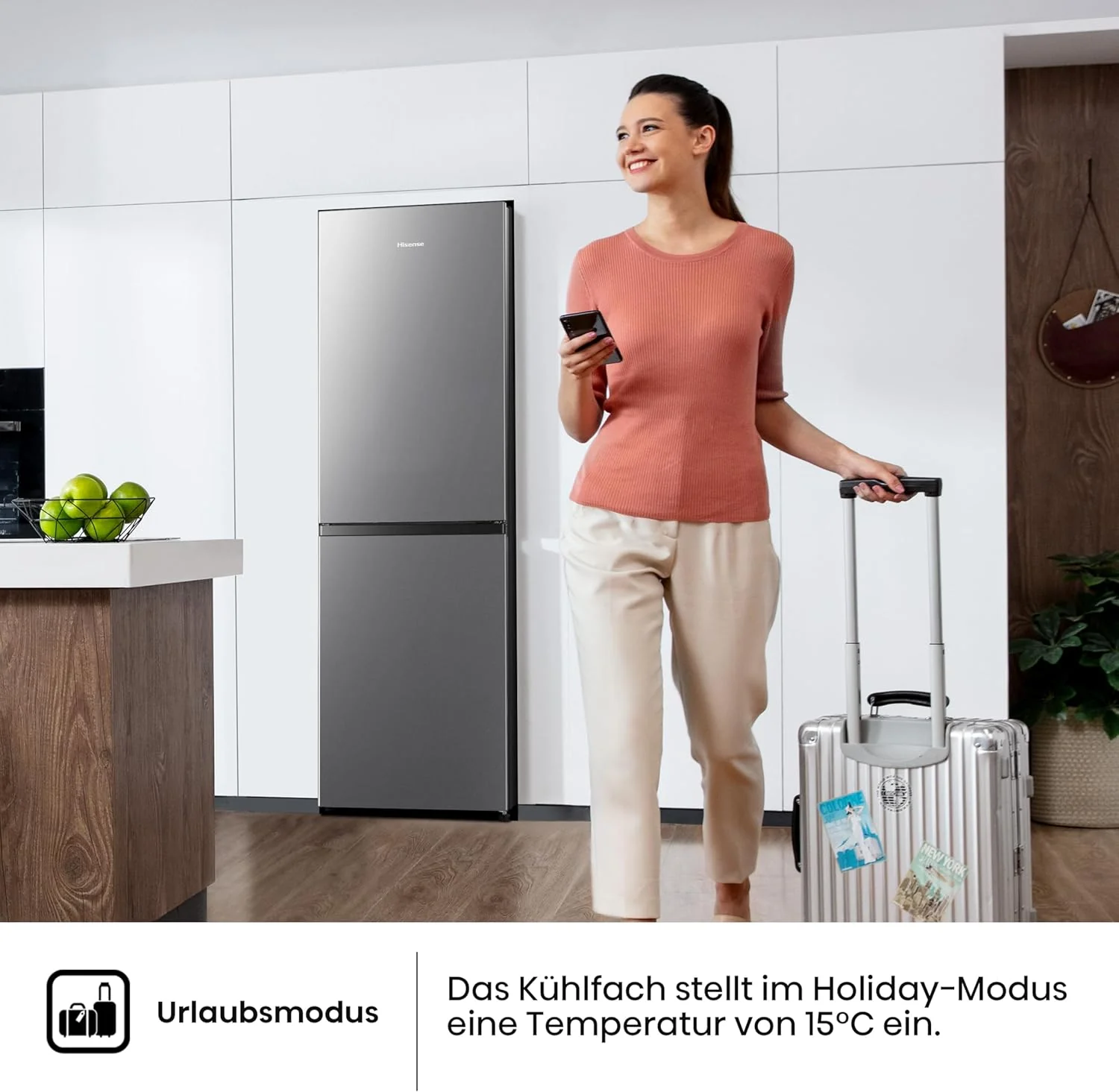 Hisense RB327N4ADD Koelvriescombinatie, EEK D, Total NoFrost, Verwisselbare Deurscharnieren, Flessenrek, 171 Liter Koelgedeelte, 85 Liter Vriesgedeelte, Roestvrijstalen look