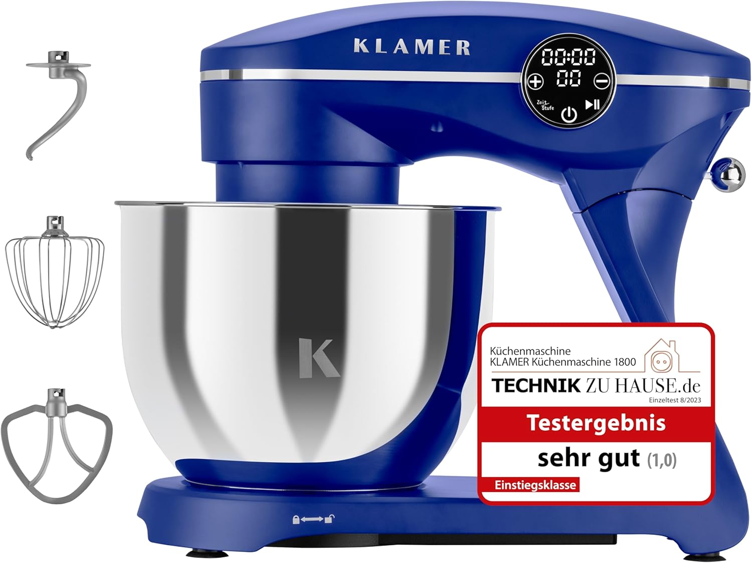 KLAMER Küchenmaschine 1800W, Knetmaschine mit 6 Liter Edelstahl Schüssel, 10 Geschwindigkeitsstufen mit Timer, Rührbesen, Knethaken, Schneebesen und Spritzschutz