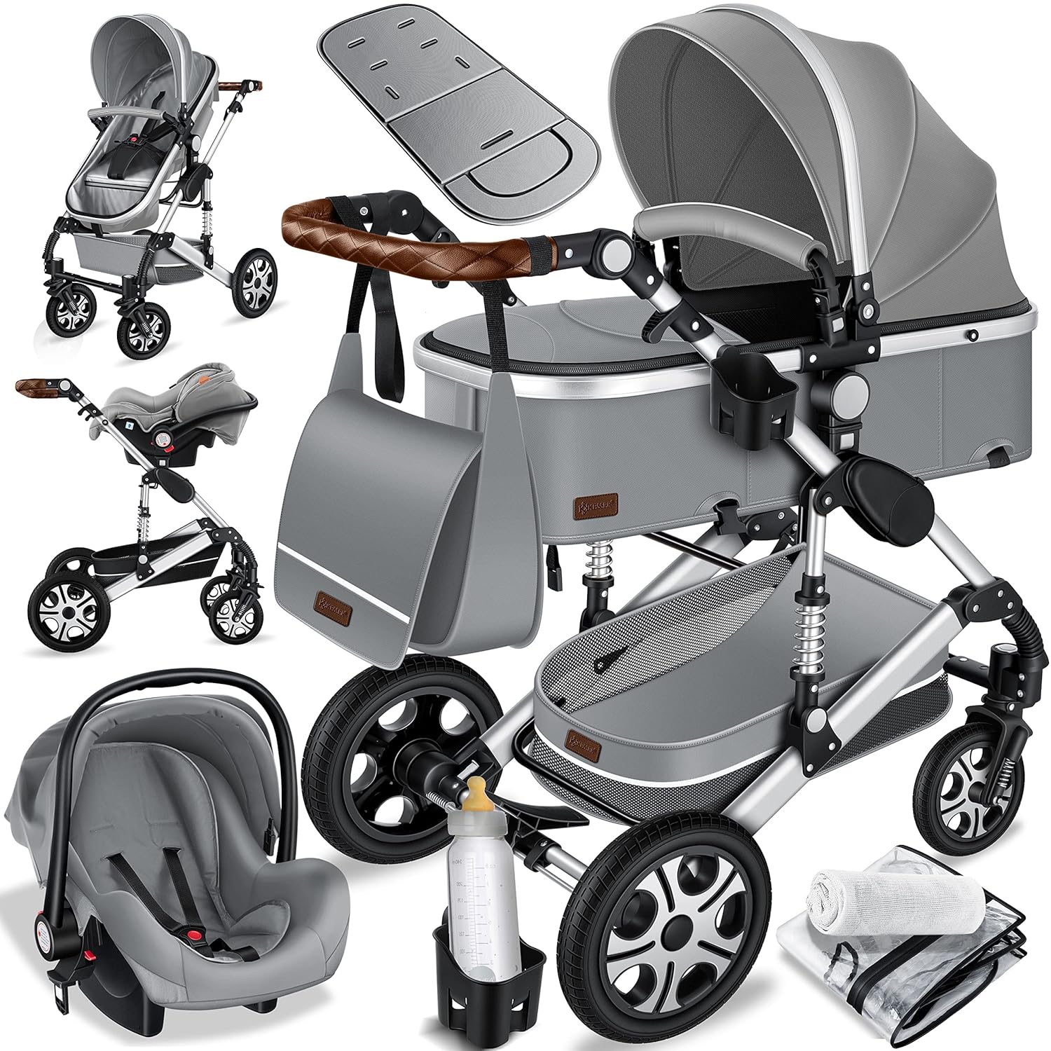 KESSER® Loops 3 in 1 Kinderwagen Kombikinderwagen Komplett-Set inkl. Babywanne & Buggy Sportsitz & Auto-Babyschale Voll-Gummireifen Wickeltasche Regenschutz Kindertisch ECE R129, Grau/Silber