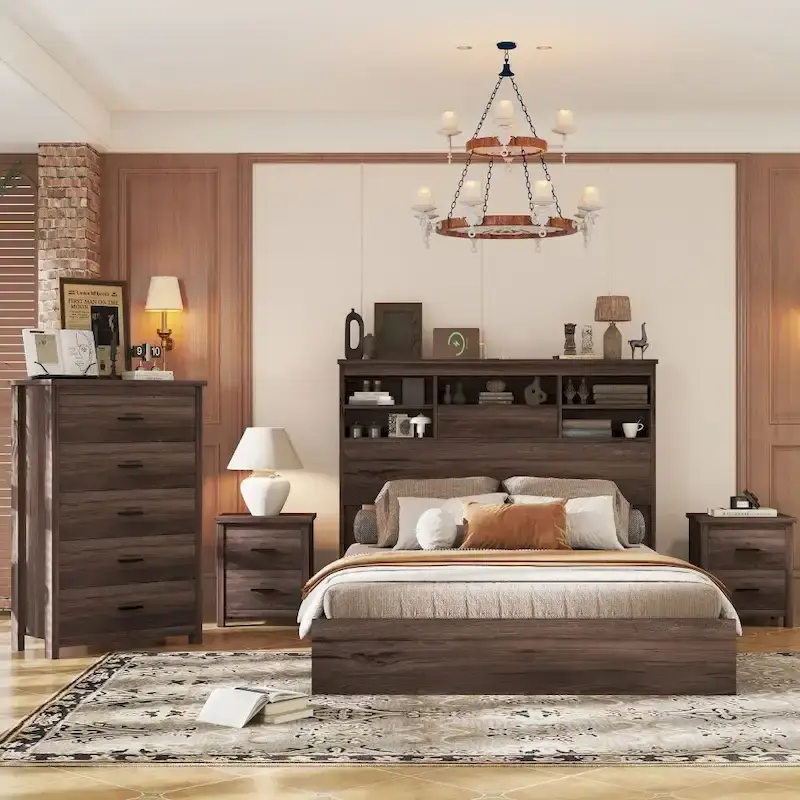 Vintage Queen Size Bedroom Set: 4-Piece Wooden Bed Frame with 2 Nightstands and 1 Dresser