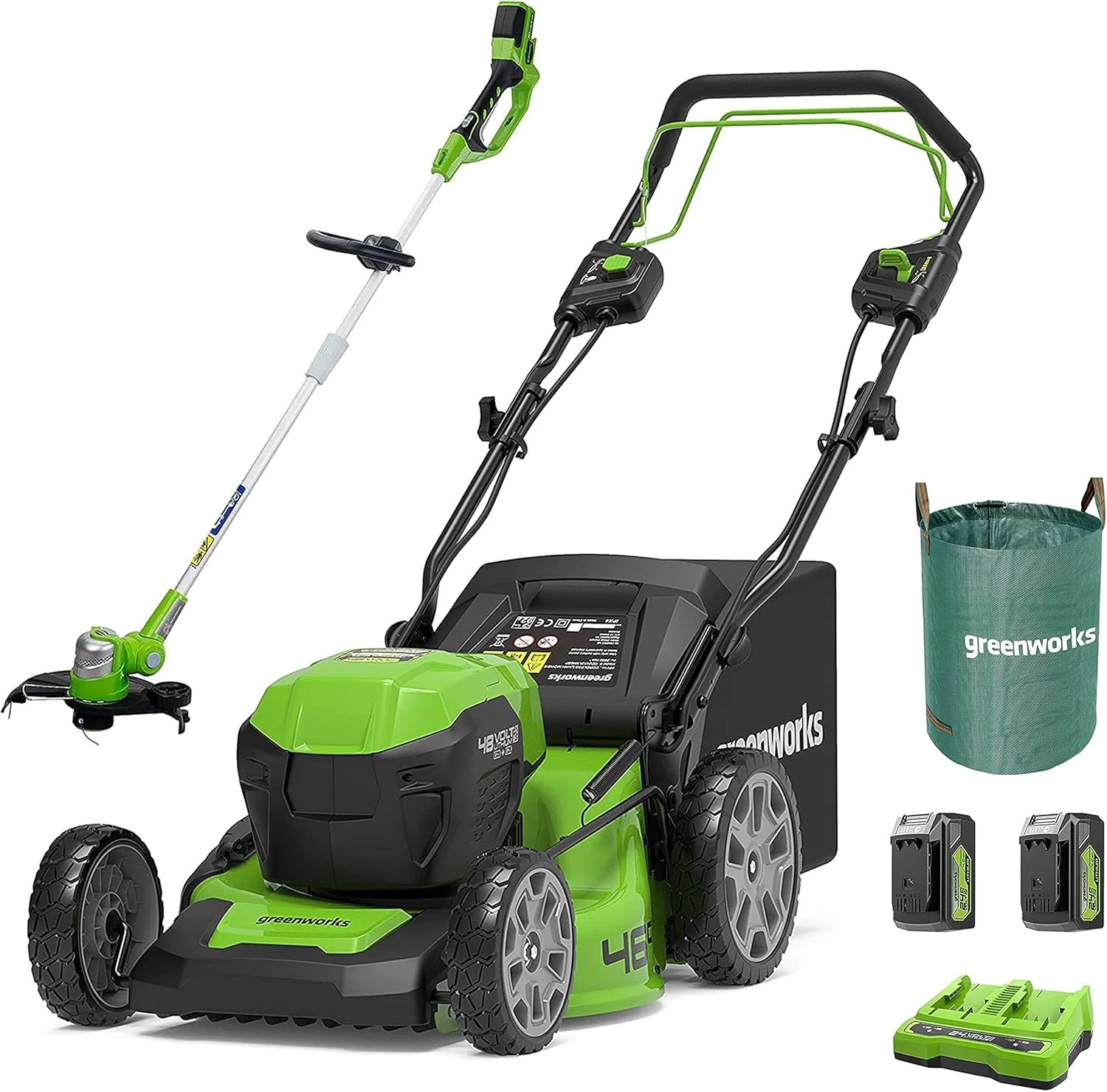 Greenworks 48V (2x24V) Selbstfahrender Akku Rasenmher für groe Flchen bis zu 480m, 46cm Schnittbreite, 55L Sack PLUS zwei 4Ah-Akkus und Doppelladegert GD24X2LM46SPK4X