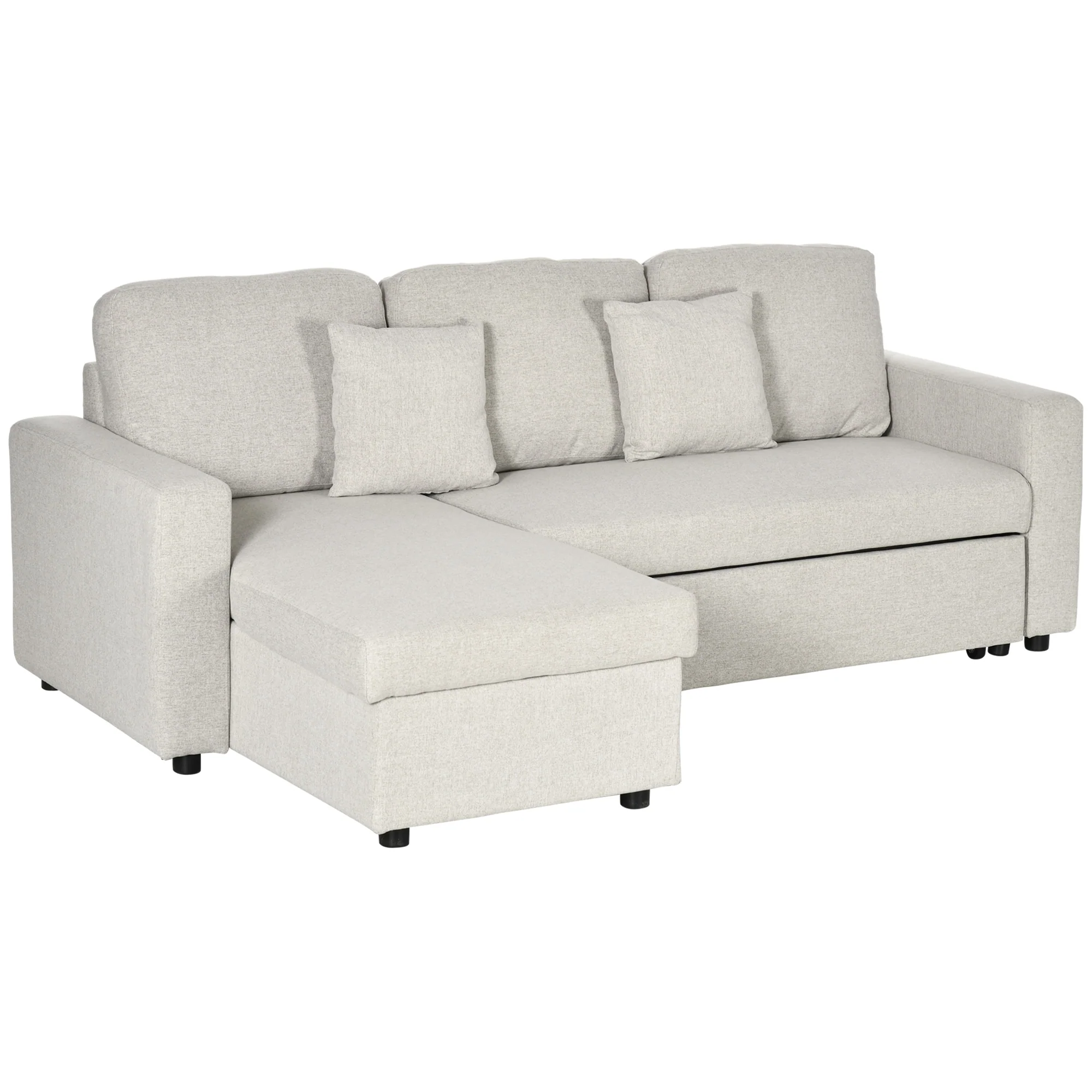 HOMCOM Slaapbank Hoekbank met Bedfunctie, inclusief 2-Zits Sofa, Eenpersoonsbed, L-vorm met Opbergruimte, 2 Kussens Crèmewit