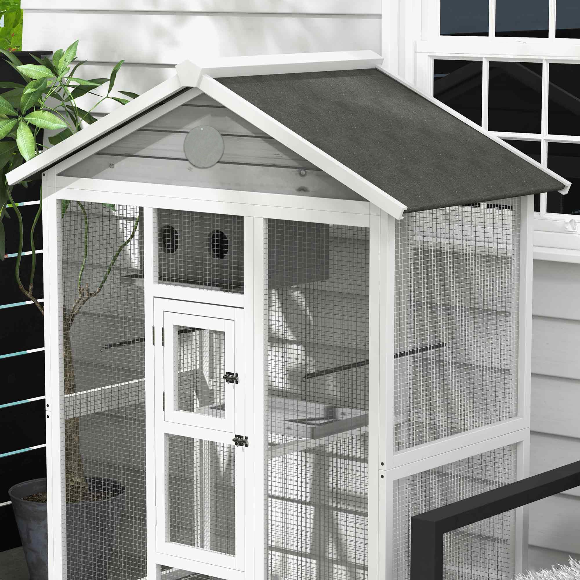 PawHut Houten vogelkooi met 4 zitstokken, asfaltdak, waterdicht, 112 x 68 x 154 cm