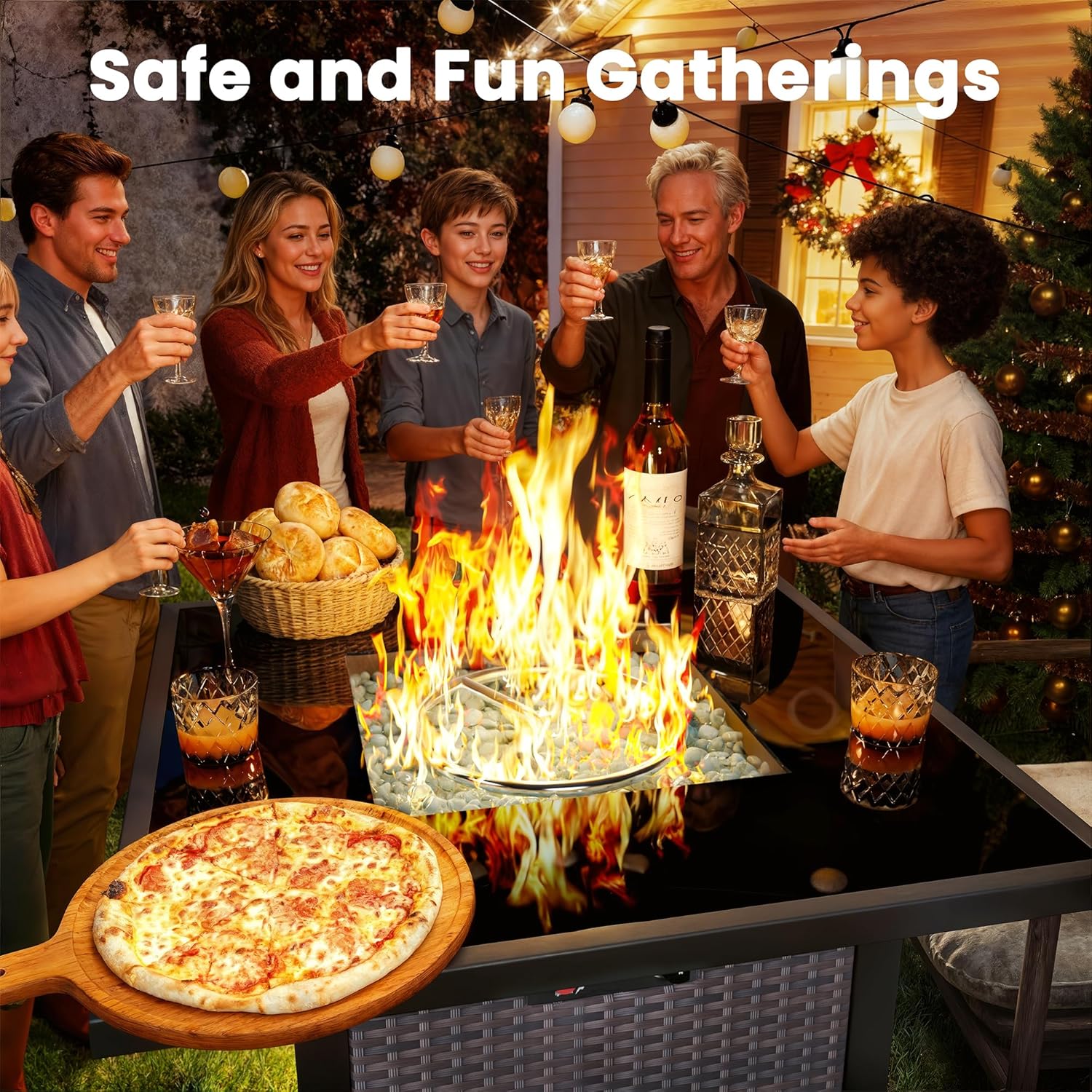 Propane Fire Pit Table, Outdoor Fire Pit Table, 28" Rattan Square Outdoor Gas FirePit with Glass Wind Guard, Tempered Glass Tabletop, Lid, CSA Listed, 50,000 BTU, Outside Patio Deck & Garden, Brown
