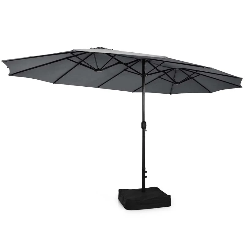 10Pcs Patio Rattan Dining Set with 15FT Double-Sided Umbrella, Heavy Duty Acacia Wood Table & Stackable Wicker Chairs