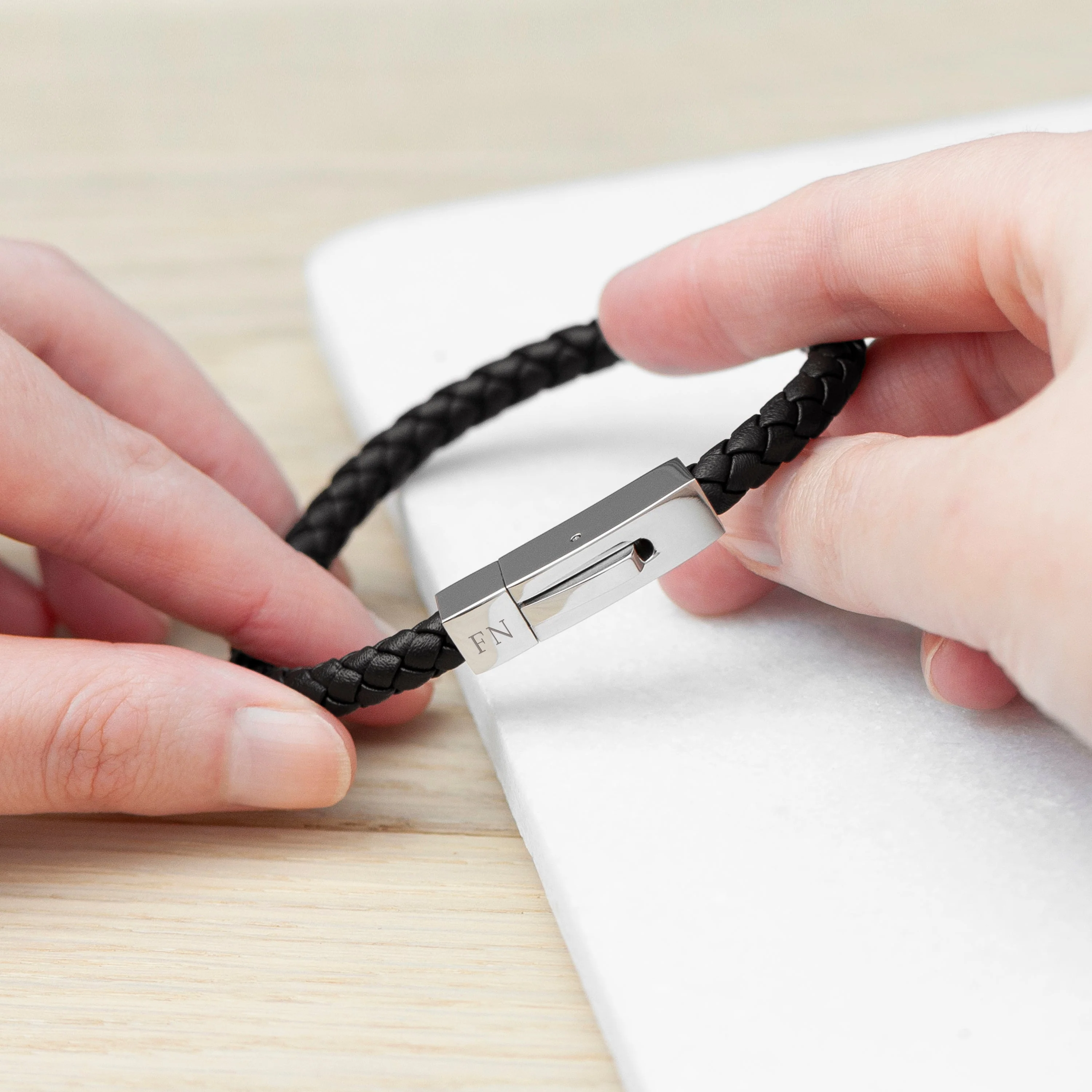 Personalised Men��s Black Leather Bracelet with Tube Clasp